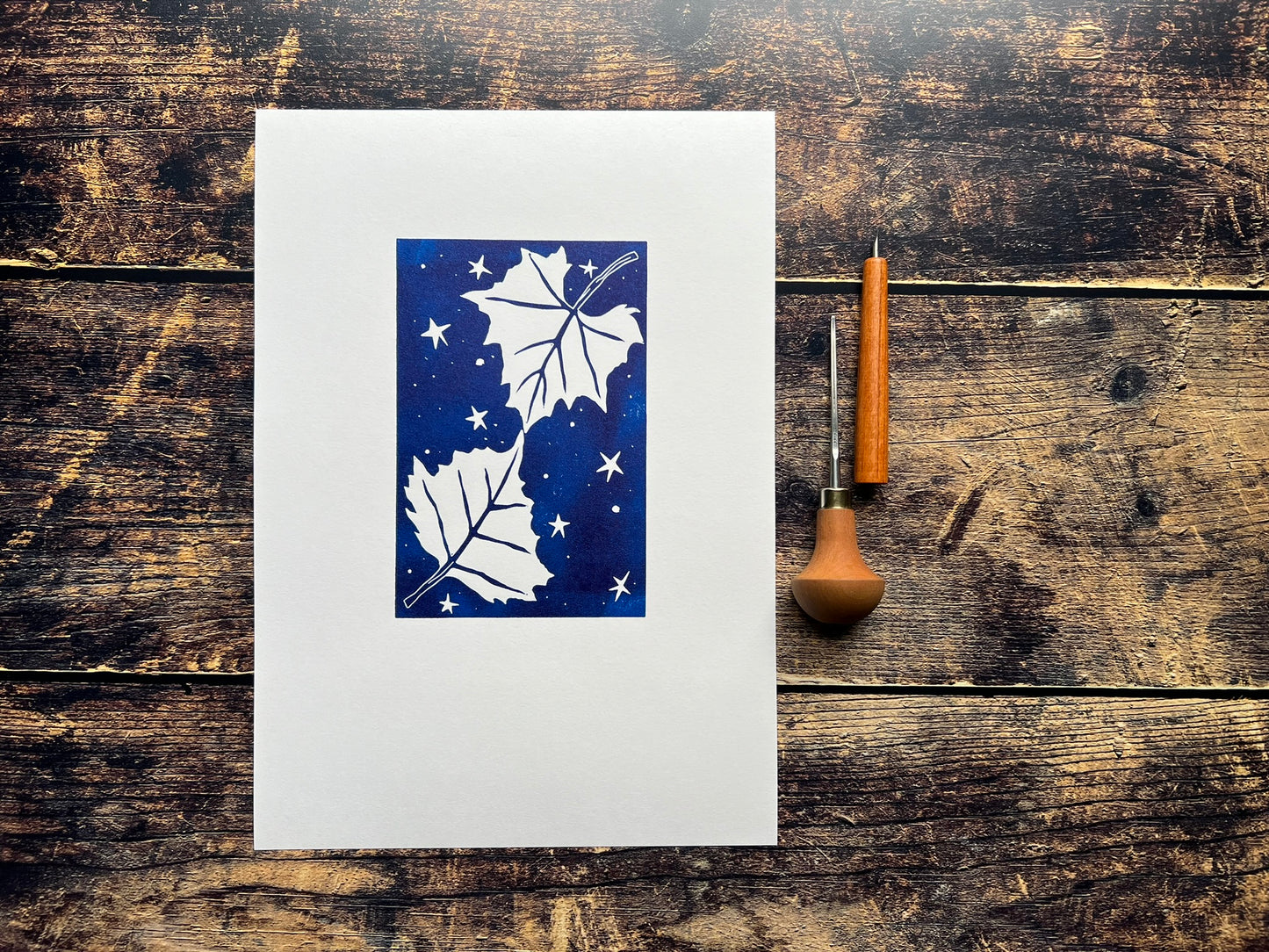 A photo of an A4 lino print of sycamore leaves surrounded by stars printed in phthalo blue (dark blue)