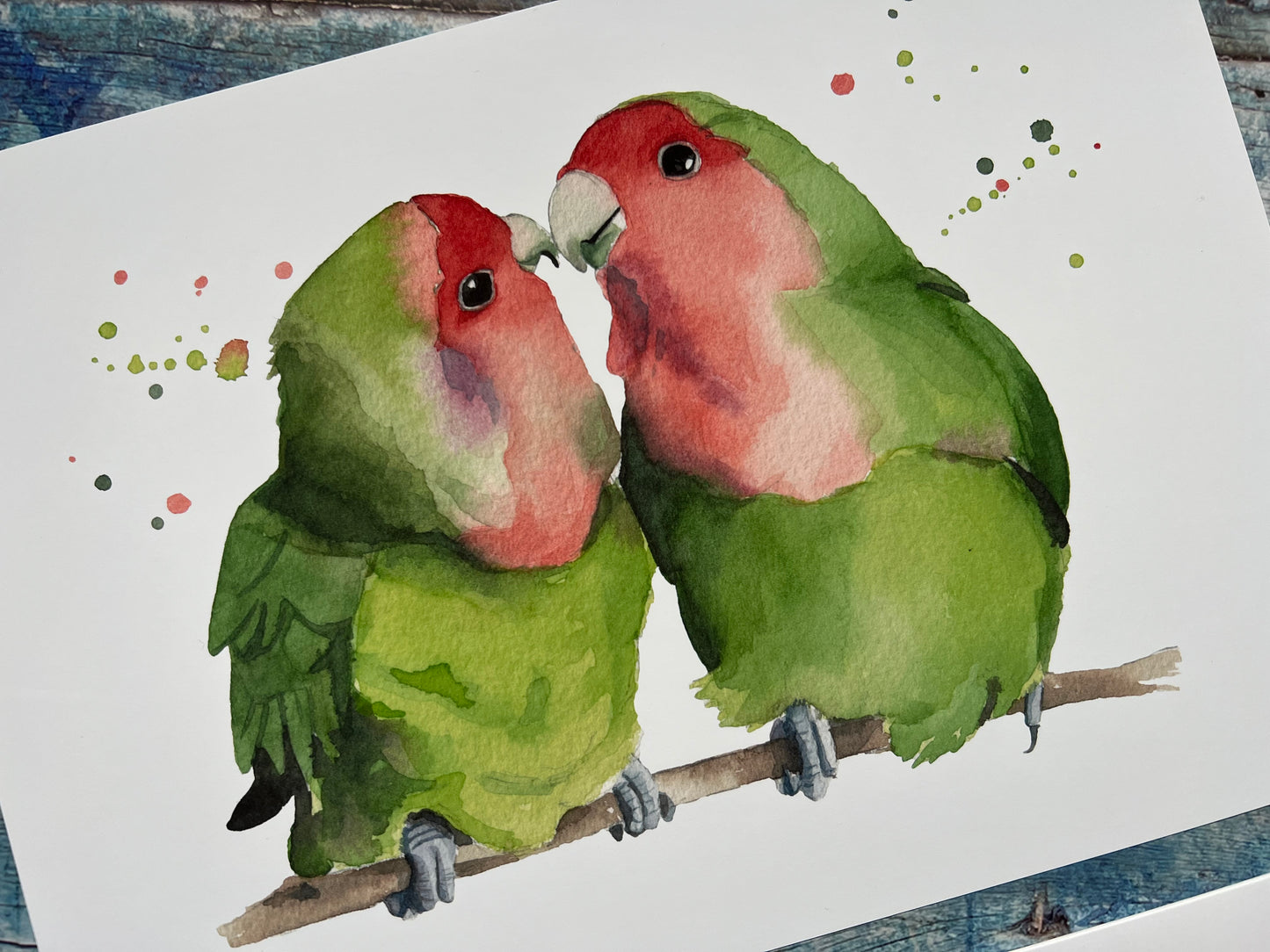 A closeup of the watercolour lovebirds art print