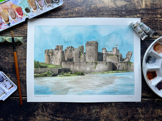 An original watercolour painting of Caerphilly castle, signed and dated