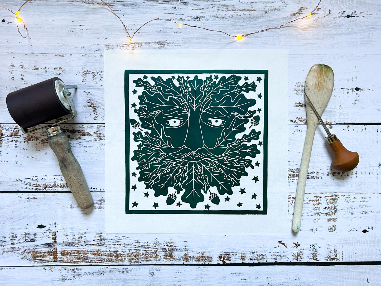 Green man lino print