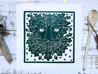 Green man lino print