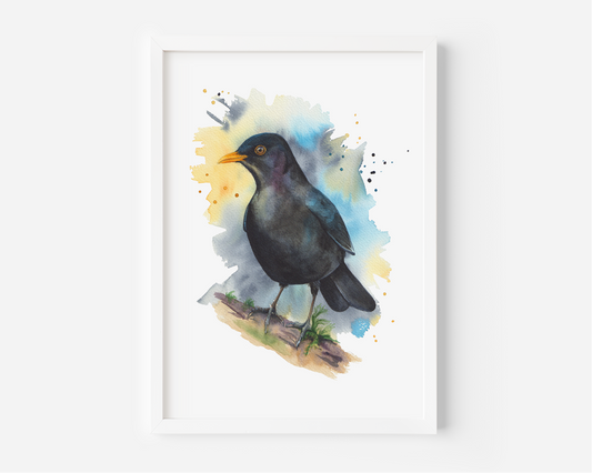 This is a watercolour print of a Eurasian Blackbird, painted in an expressive way.