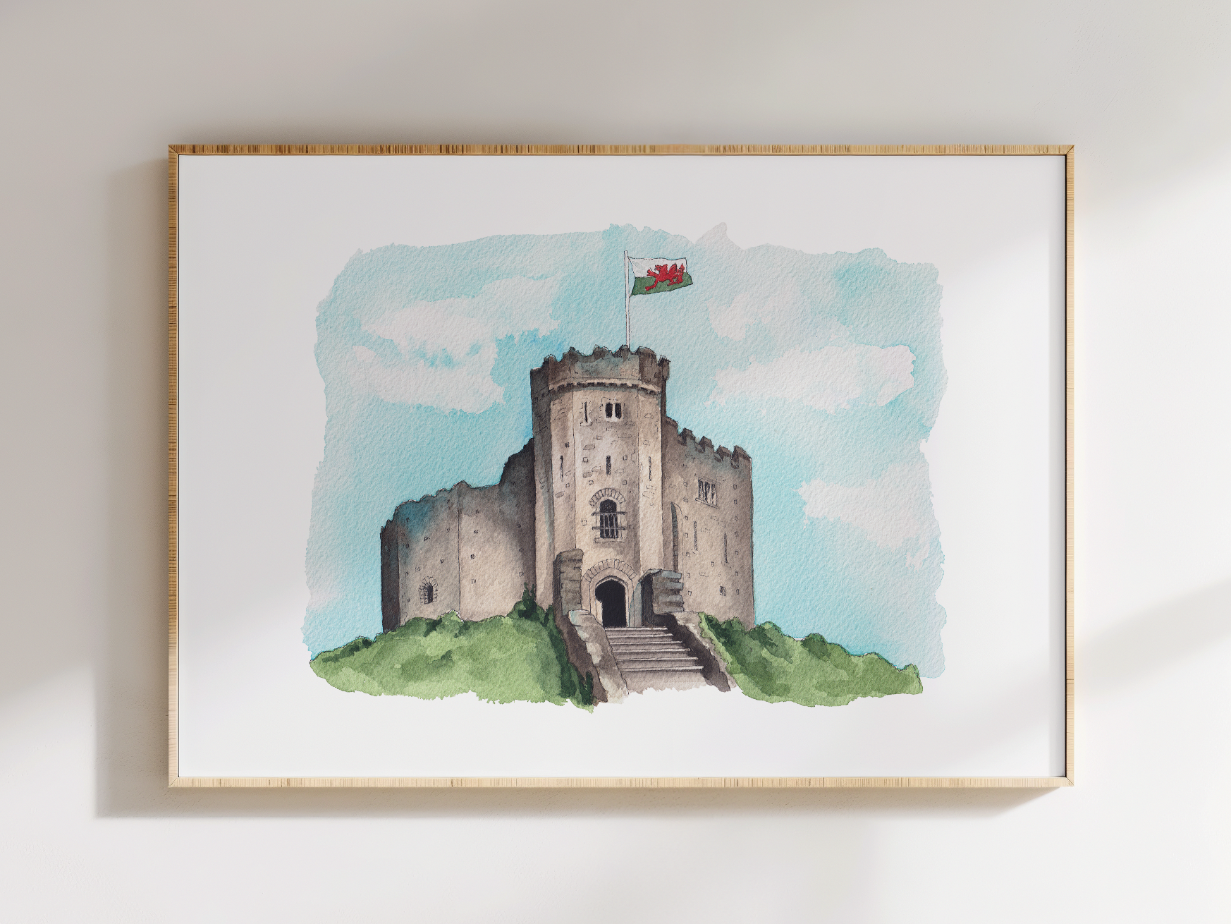 A watercolour print of Cardiff Castle