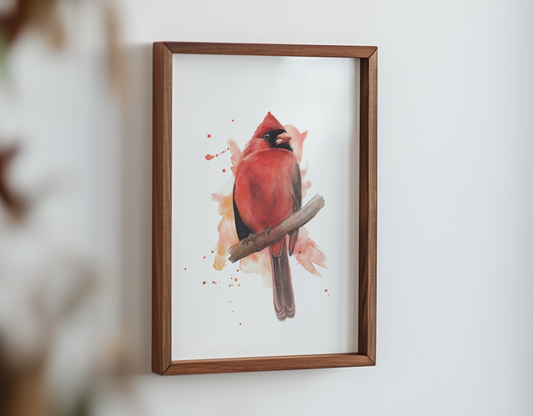 A watercolour print of a male cardinal bird, painted in an expressive way