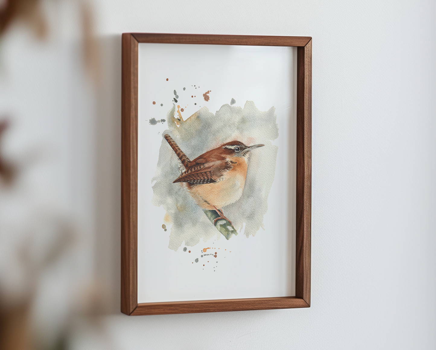 A watercolour print of a carolina wren, painted in watercolours in an expressive way