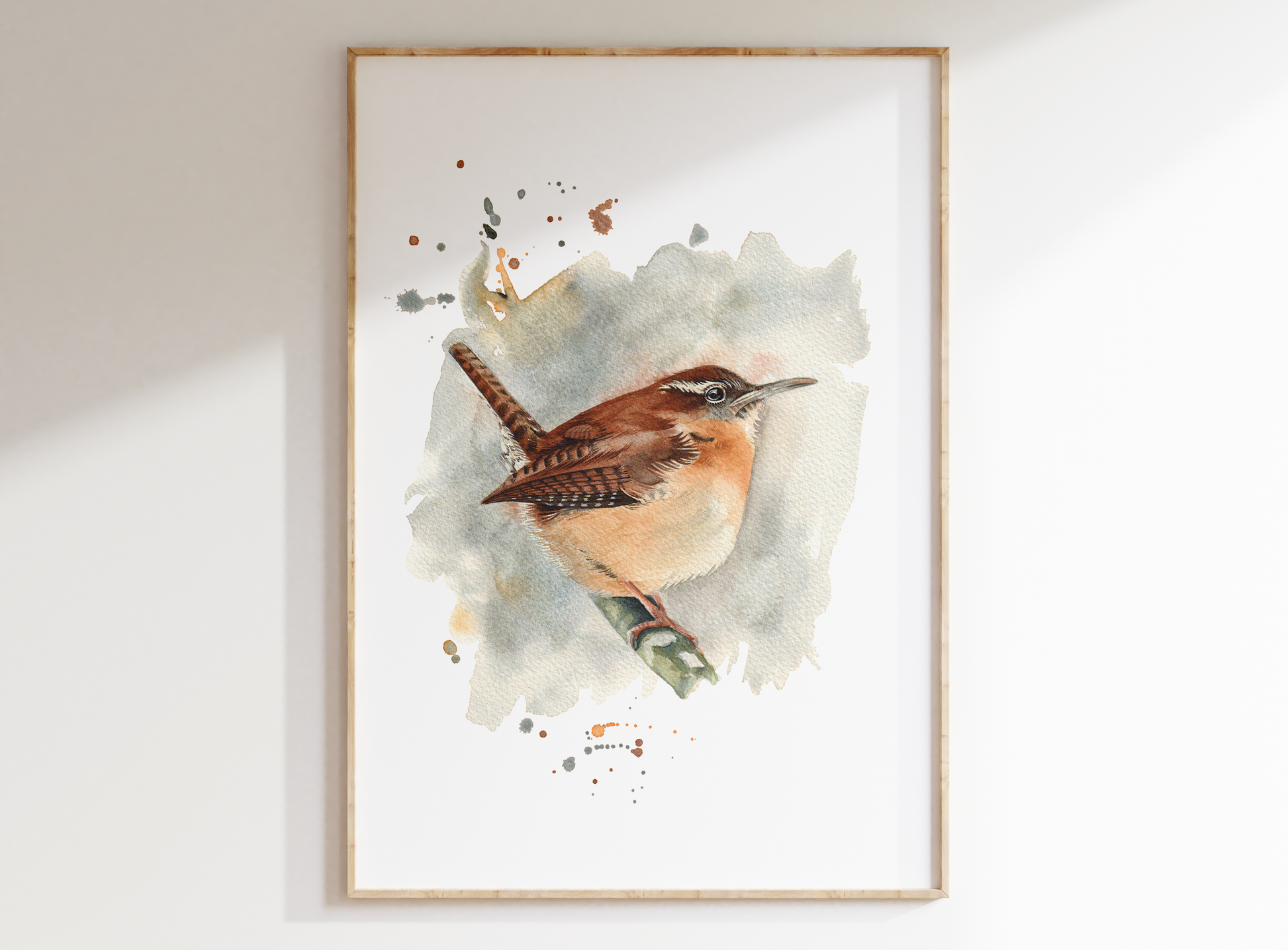 A watercolour print of a carolina wren, painted in watercolours in an expressive way
