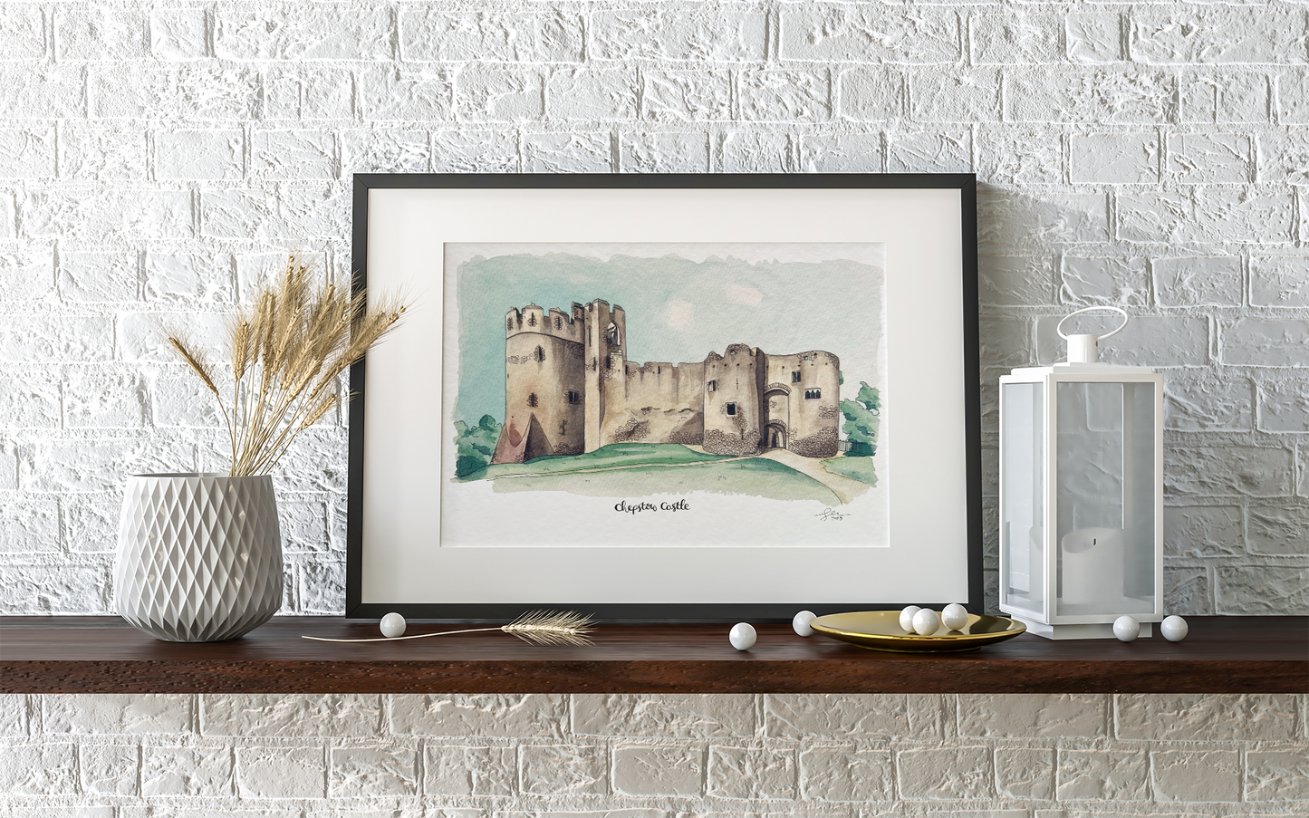 A framed A4 watercolour print of Chepstow Castle