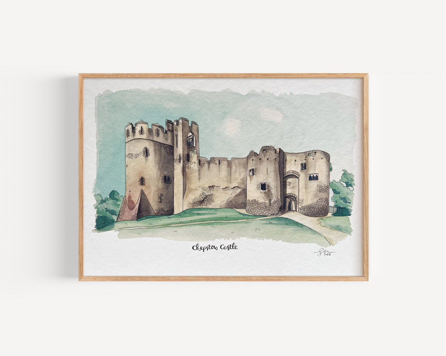 A framed A4 watercolour print of Chepstow Castle