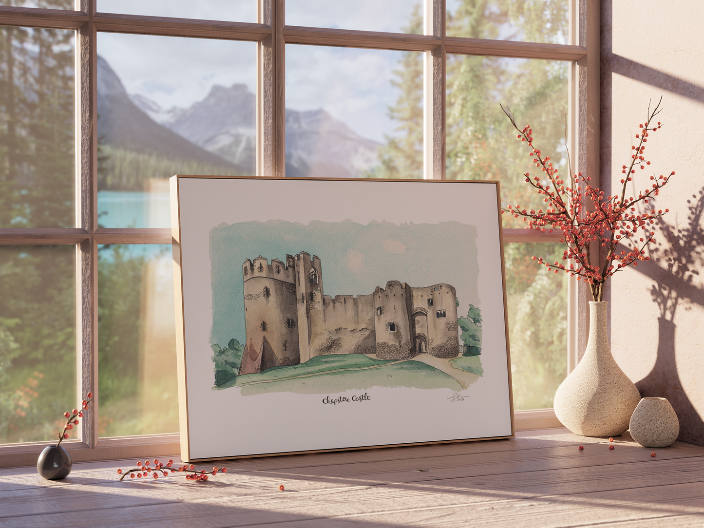 A framed A4 watercolour print of Chepstow Castle