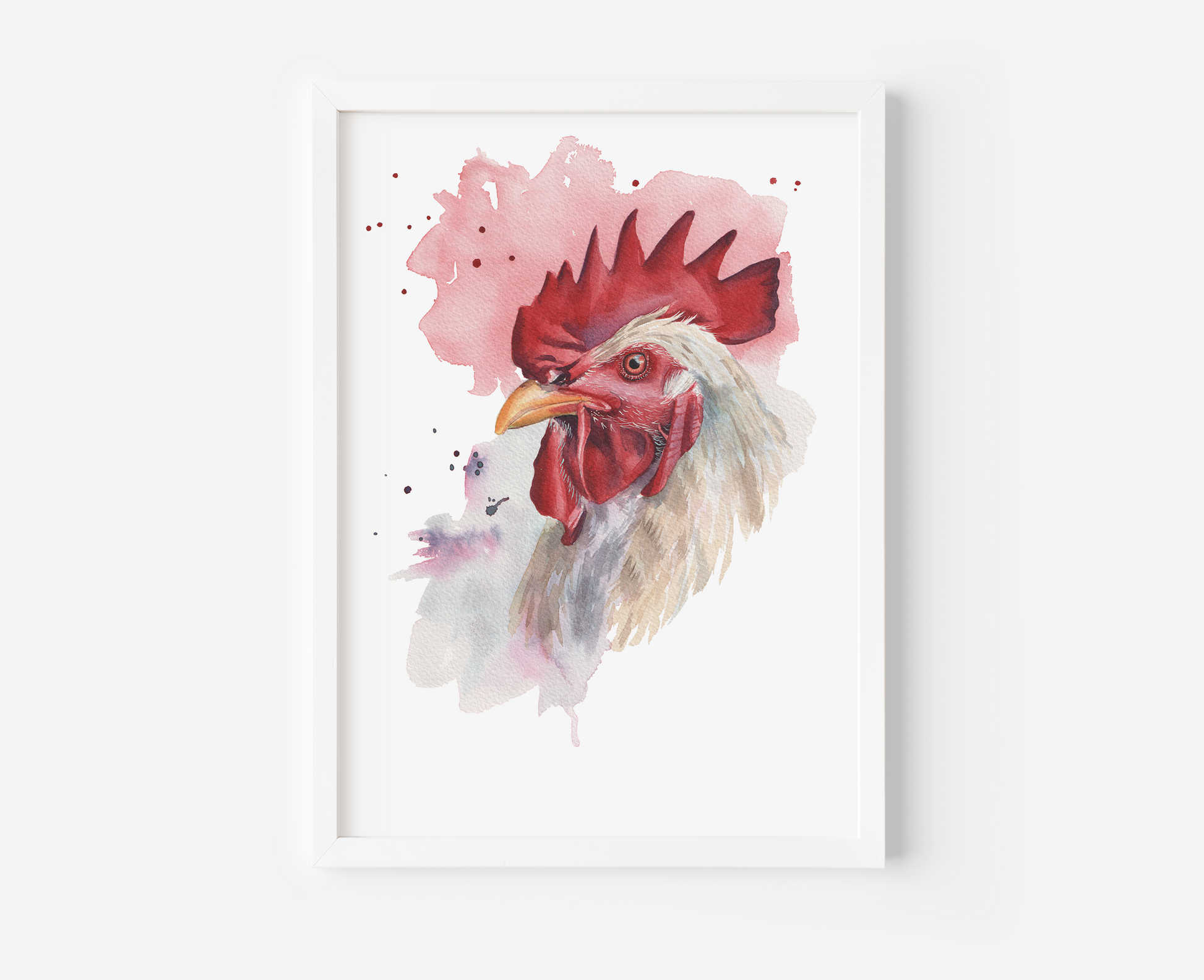 A watercolour print of a rooster in a mocked up frame