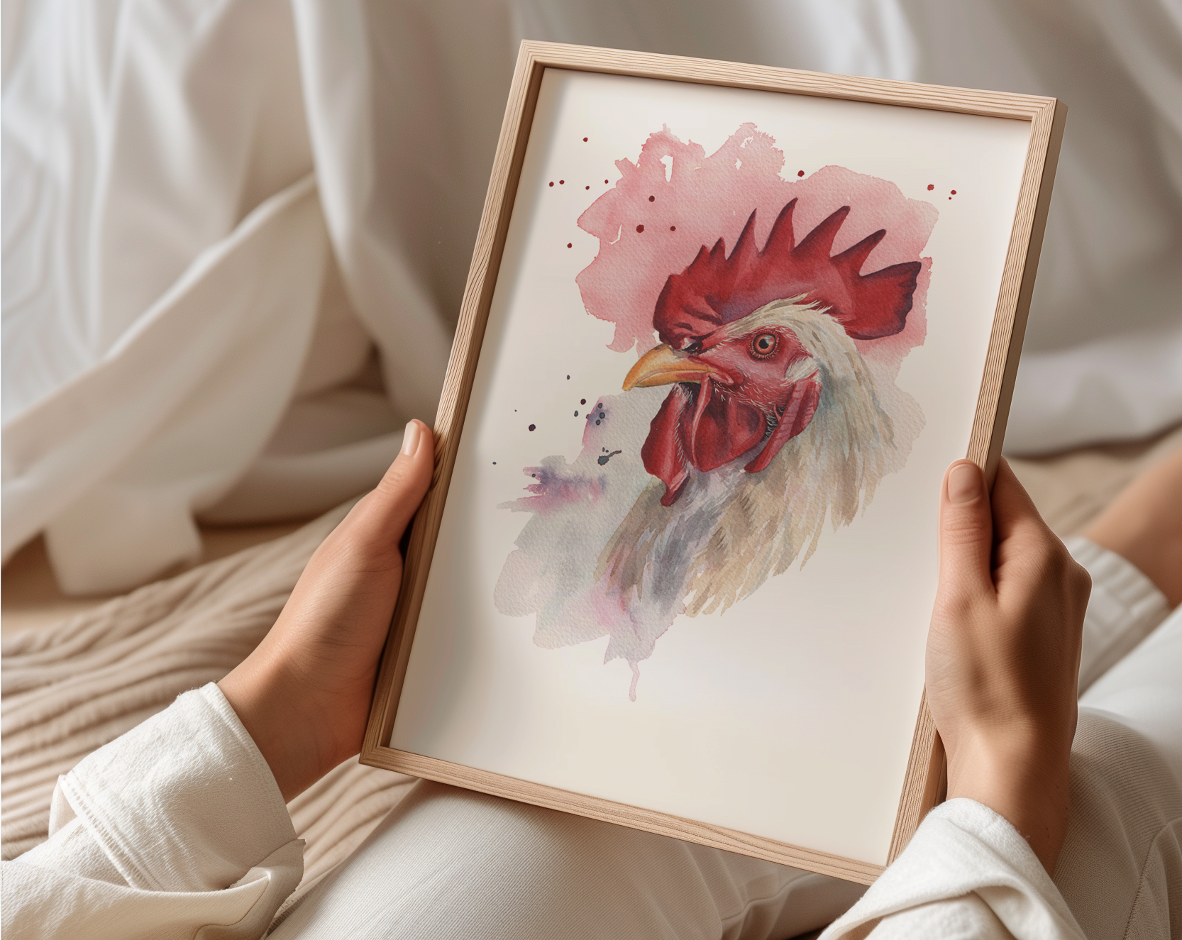 A watercolour print of a rooster in a mocked up frame