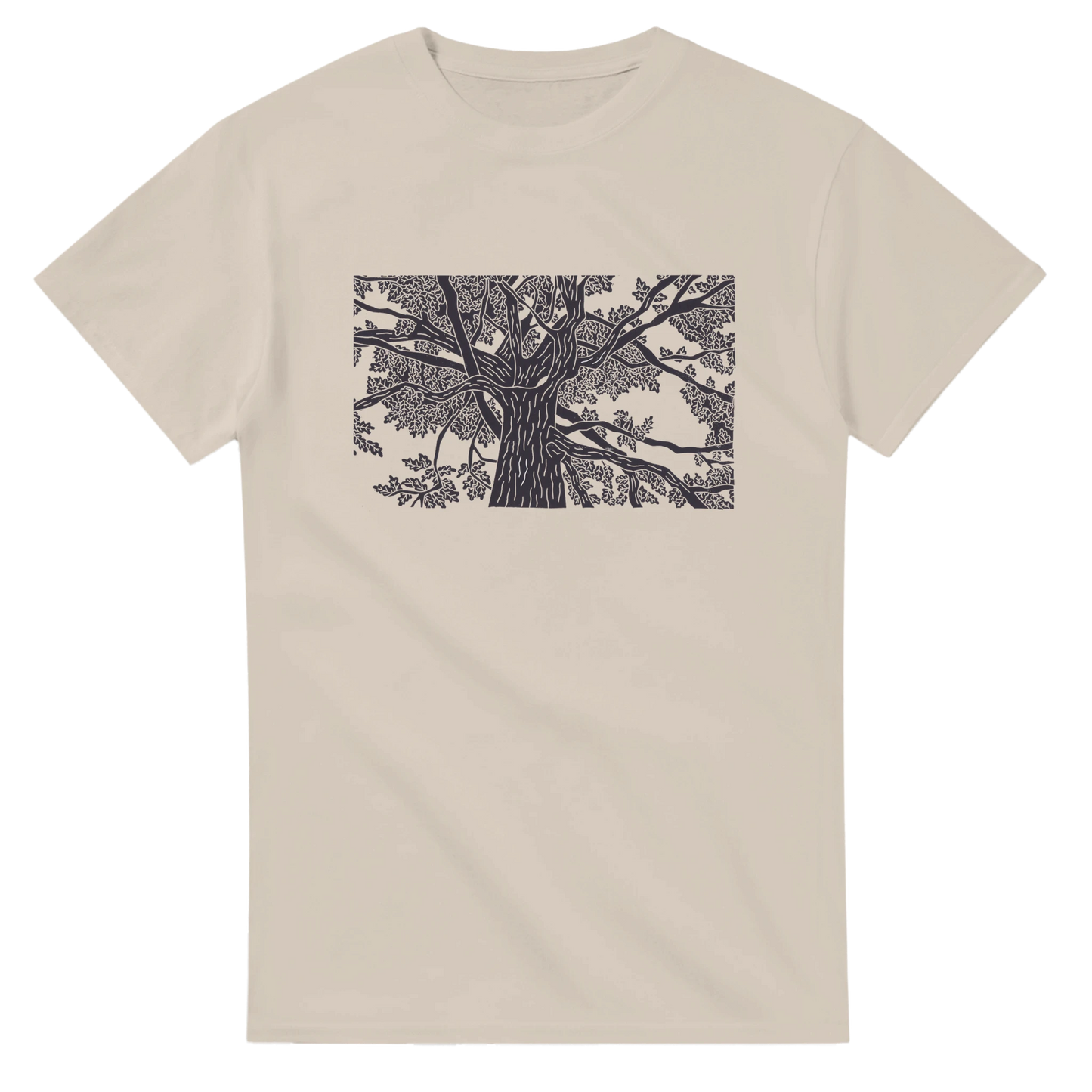 A photo of a t-shirt with an oak tree lino print on the front