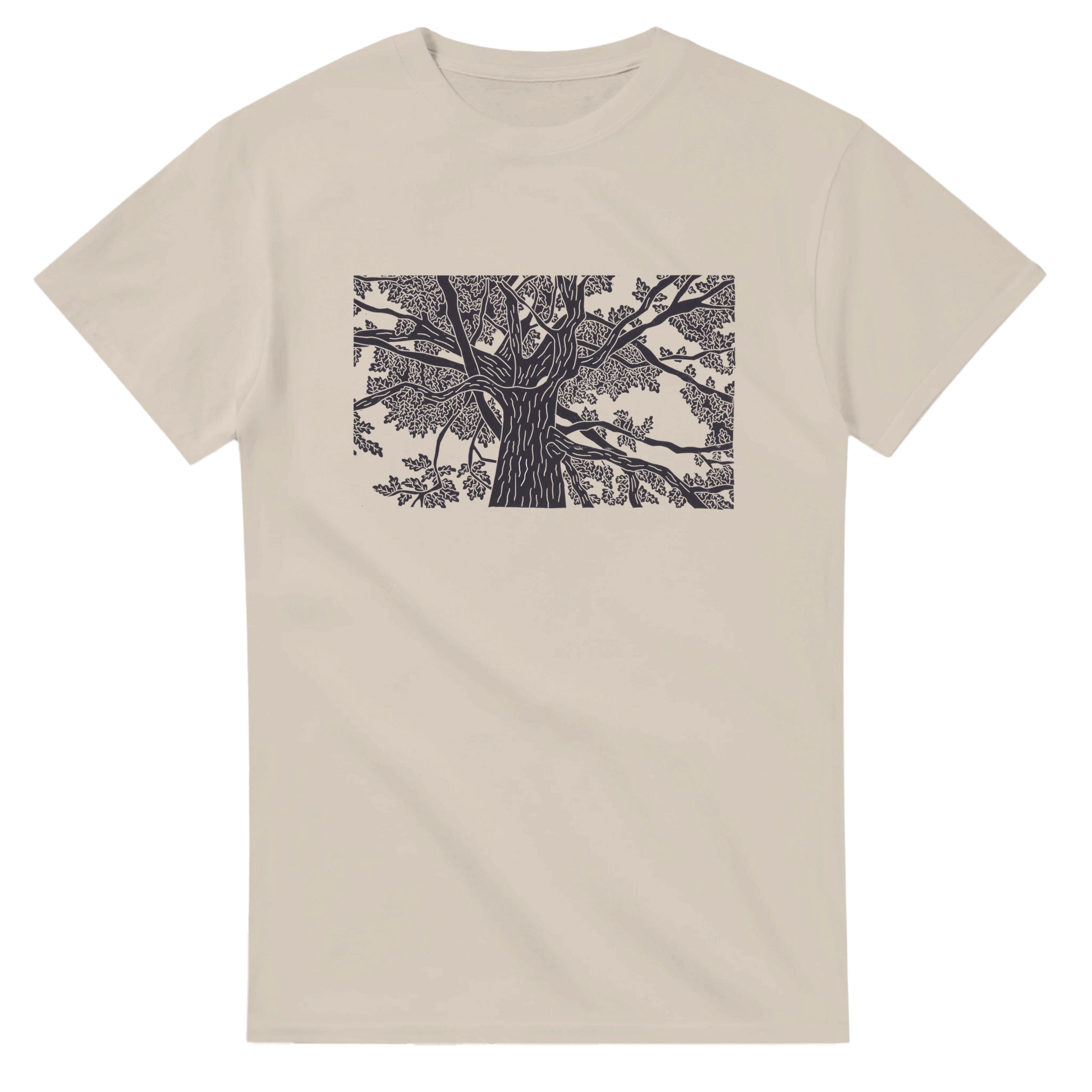 A photo of a t-shirt with an oak tree lino print on the front