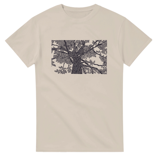 A photo of a t-shirt with an oak tree lino print on the front