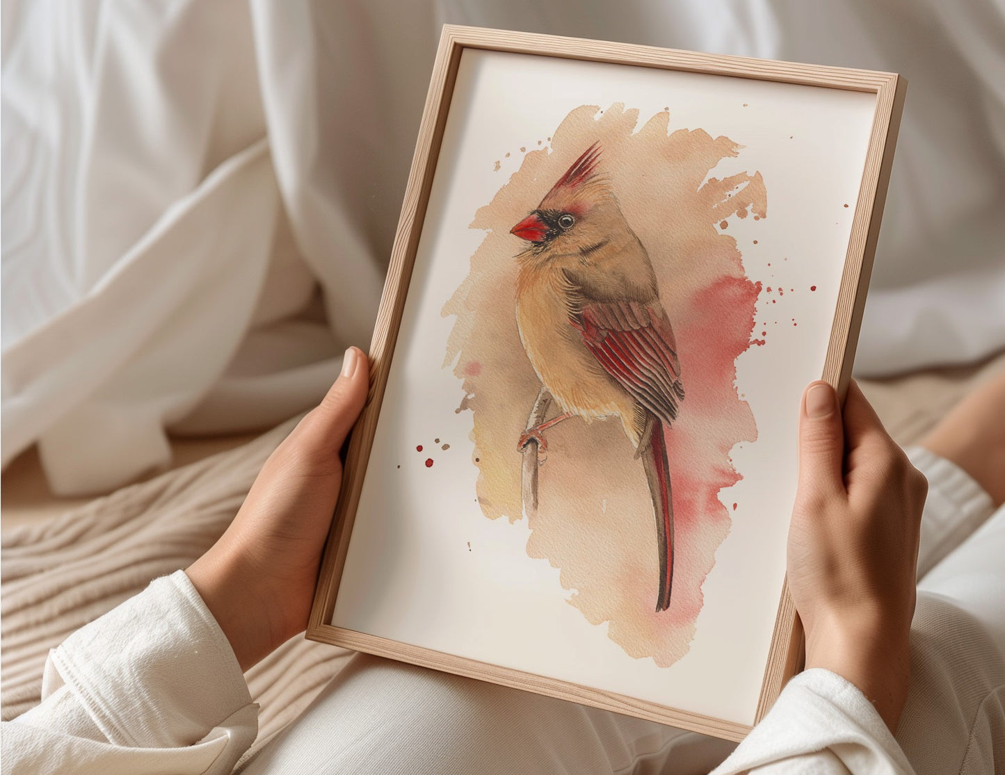 A mockup of a female cardinal in a frame
