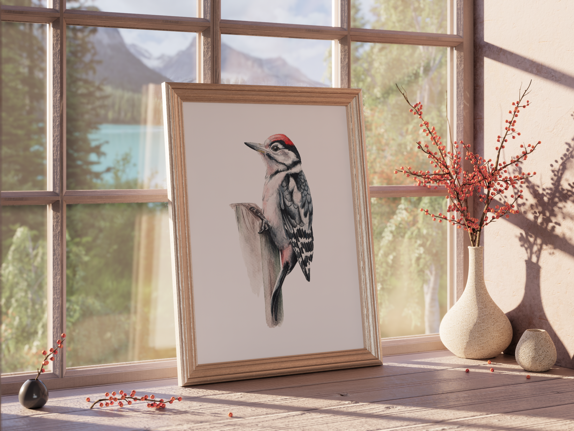 A watercolour print of a great spotted woodpecker