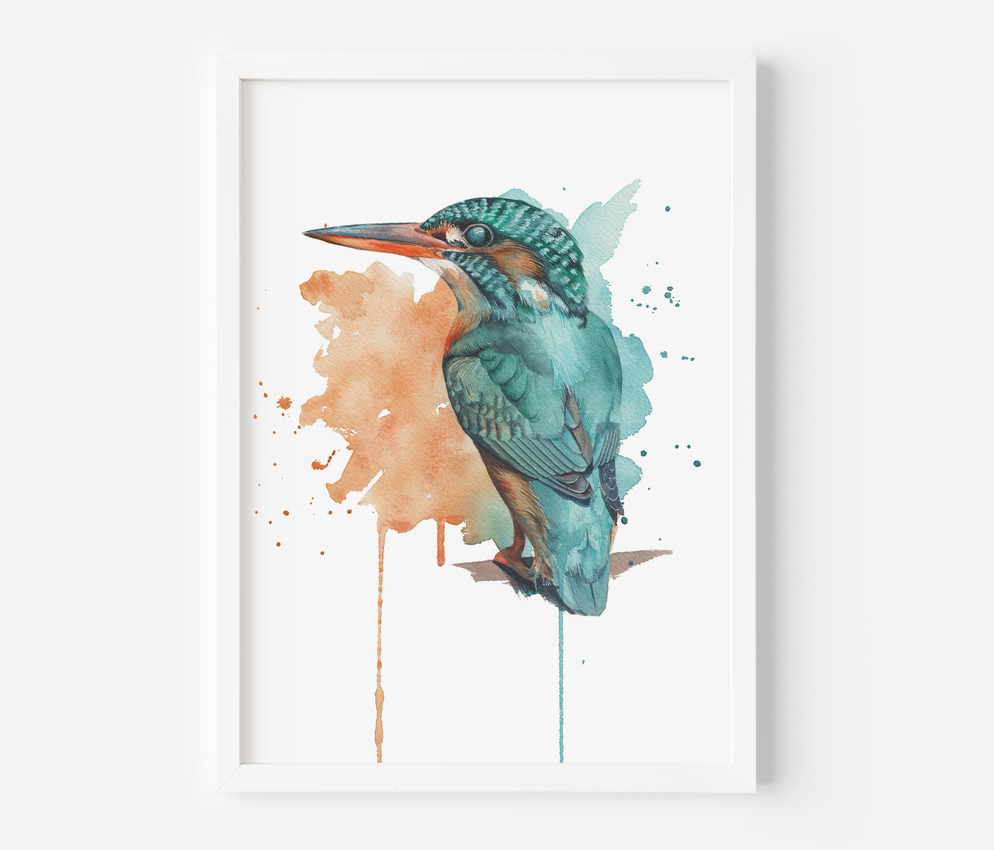 A photograph of a print of a watercolour kingfisher. It's painted in an expressive way, with splashes of watercolours and drips in the background, the background being made of the colours of the kingfisher. The kingfisher is painted in a detailed way, emerging from the background.