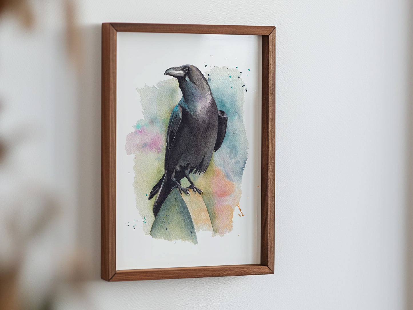 A watercolour print of a raven