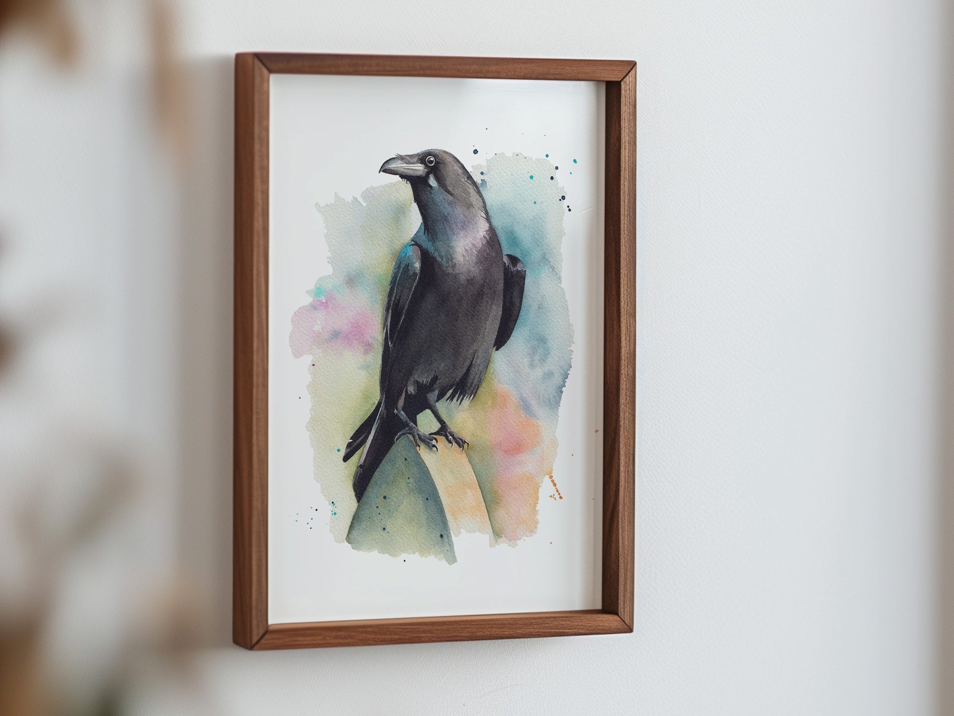 A watercolour print of a raven
