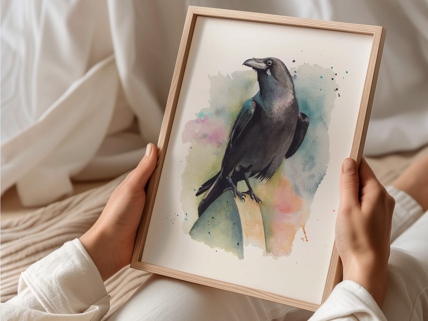 A watercolour print of a raven