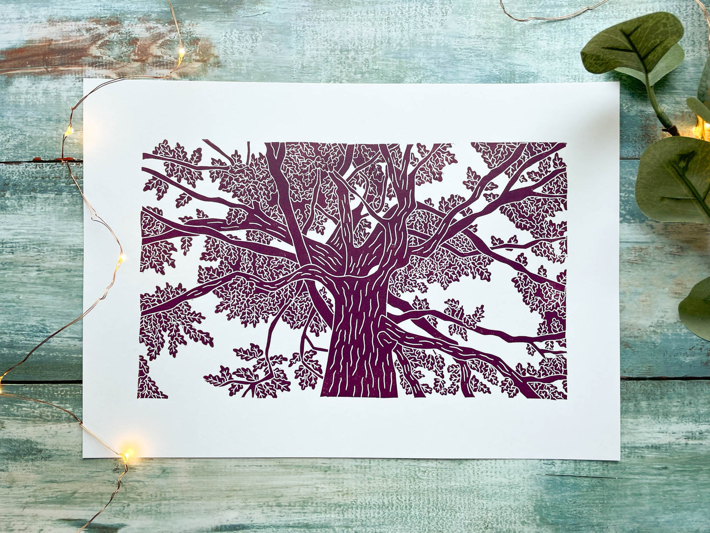 A lino print of an oak tree as viewed from standing under it and looking up in plum
