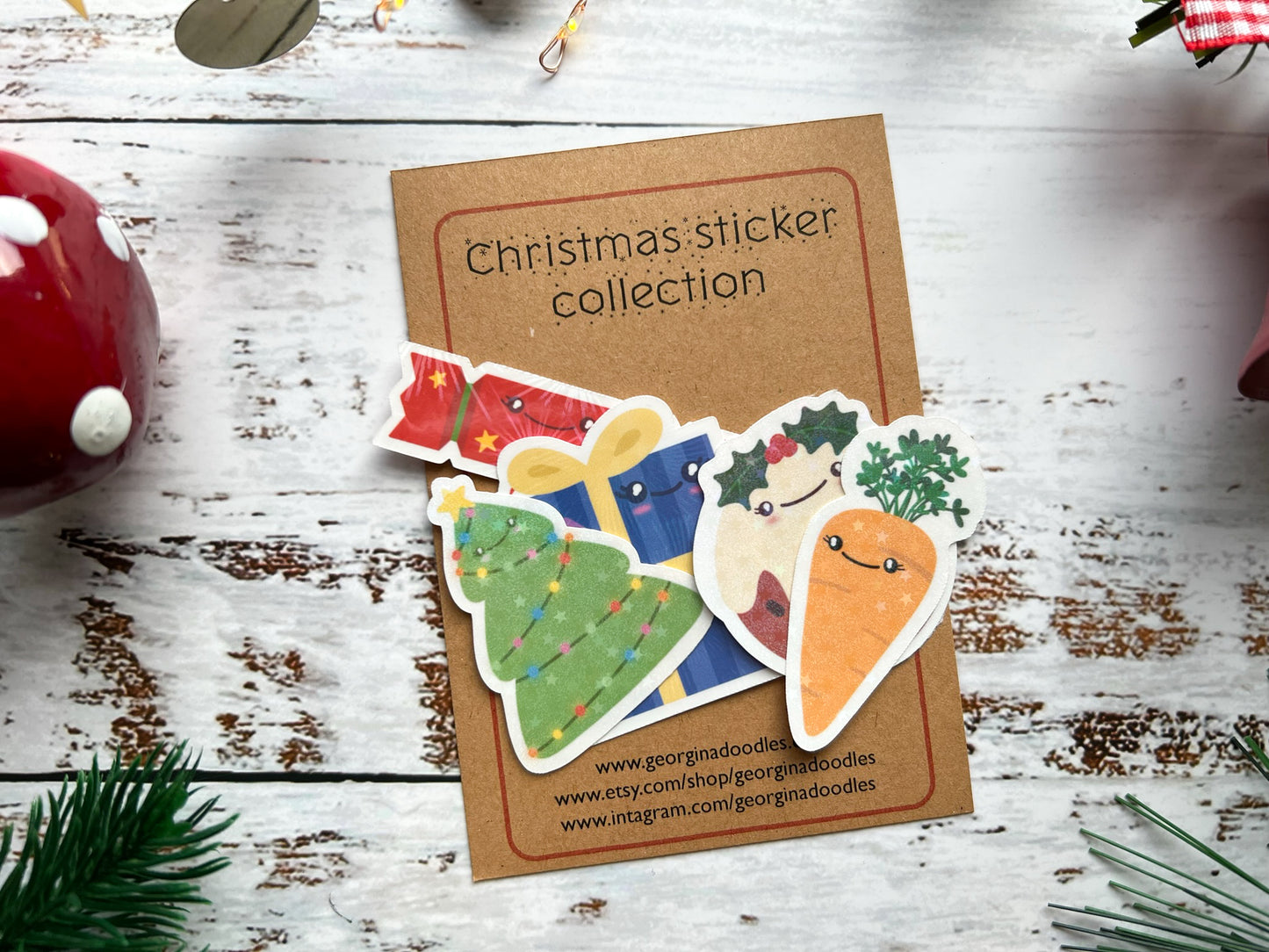 A phot of six cute Christmas stickers with a holographic overlay