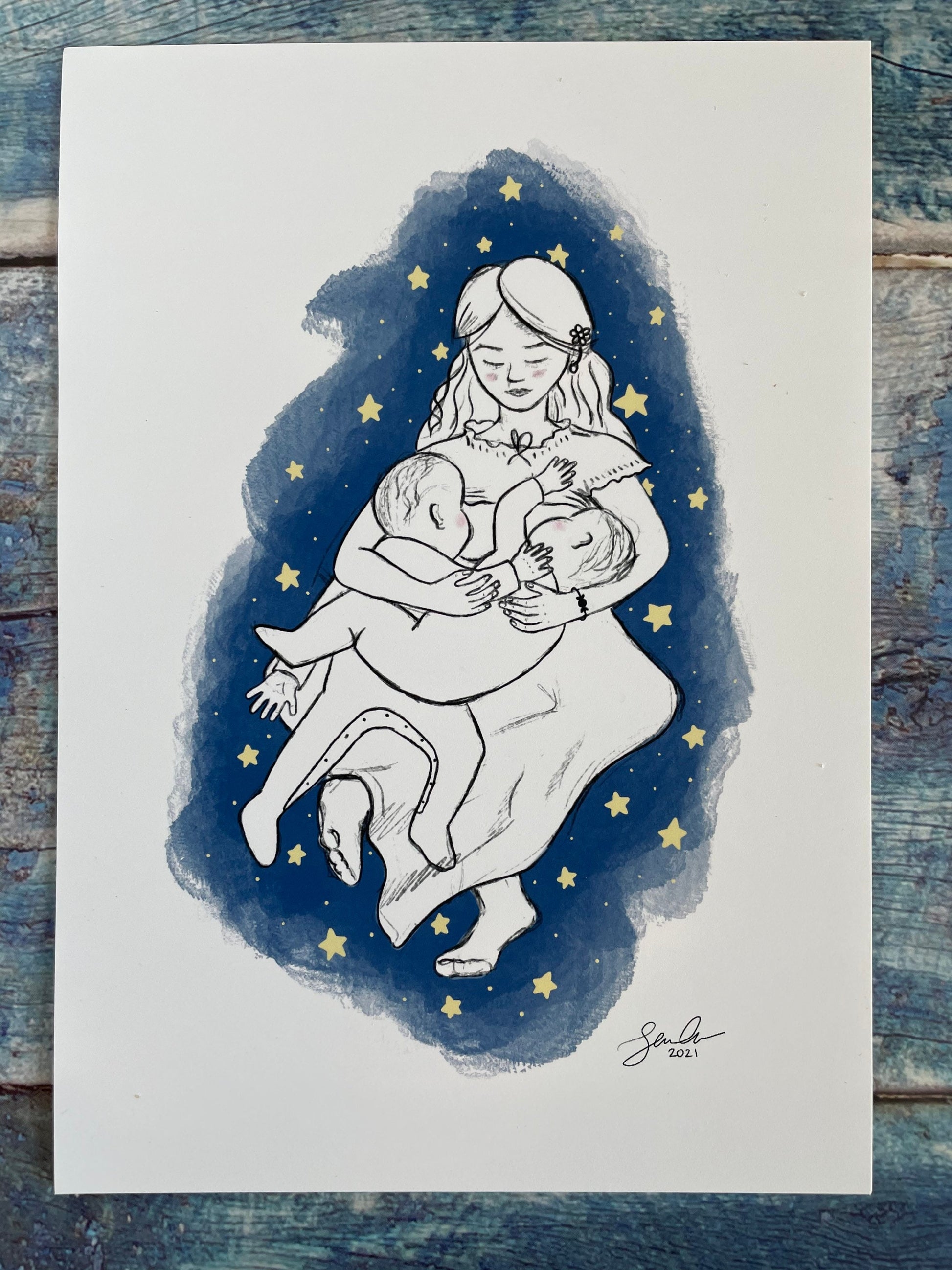 A digital sketch of a mother tandem breastfeeding two bigger babies, she's on a dark blue background surrounded by stars.