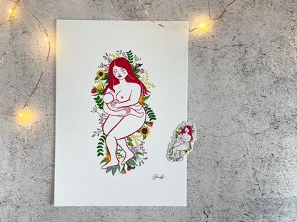 A print and sticker of digital art of a naked mother breastfeeding her baby while laying on a bed of flowers and leaves