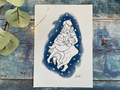 A digital sketch of a mother tandem breastfeeding two bigger babies, she's on a dark blue background surrounded by stars.