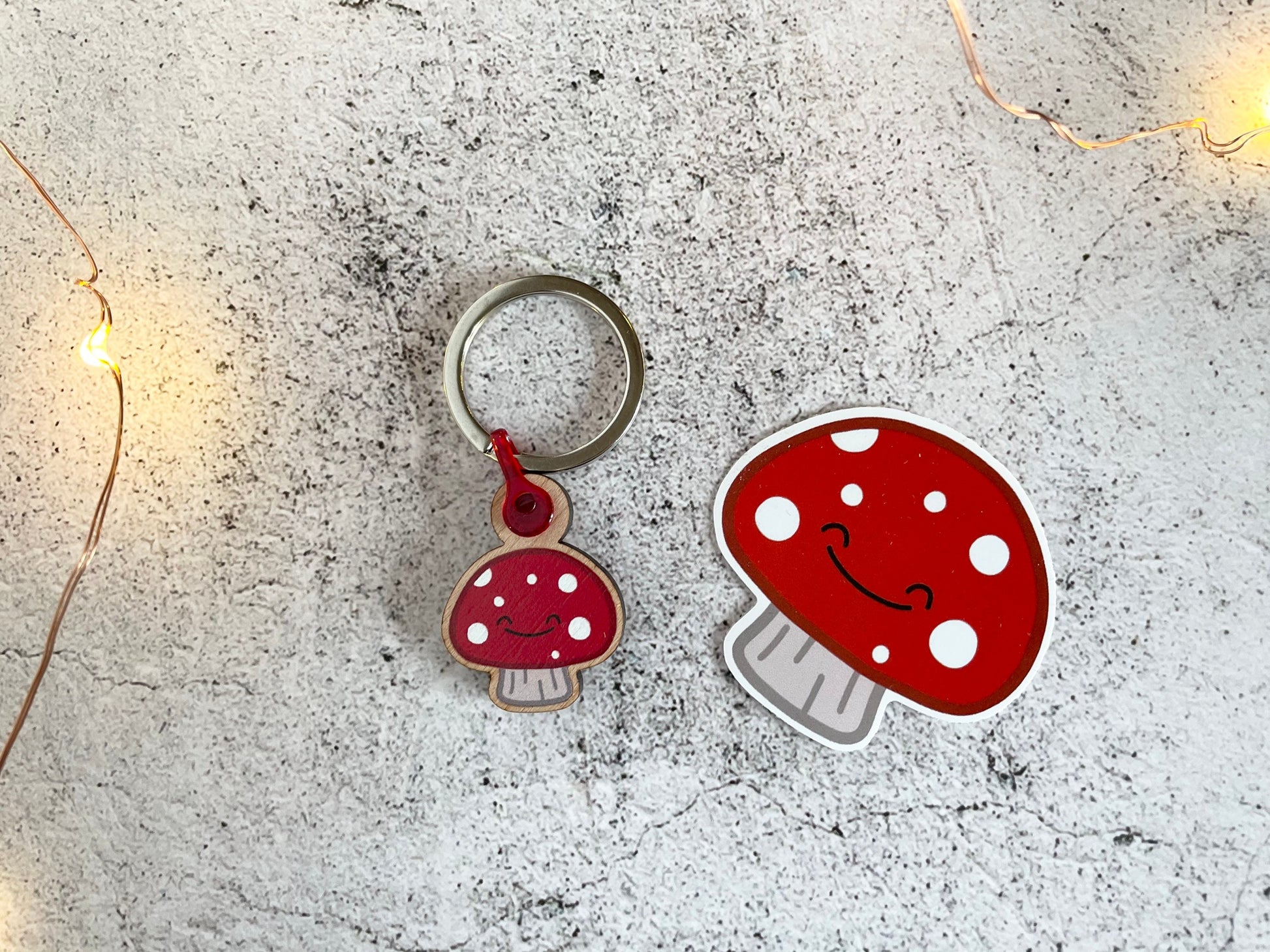 A cute 1 inch wooden mushroom keyring with the 5cm mushroom sticker