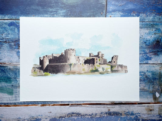 A watercolour print of Caerphilly castle with strong shadows