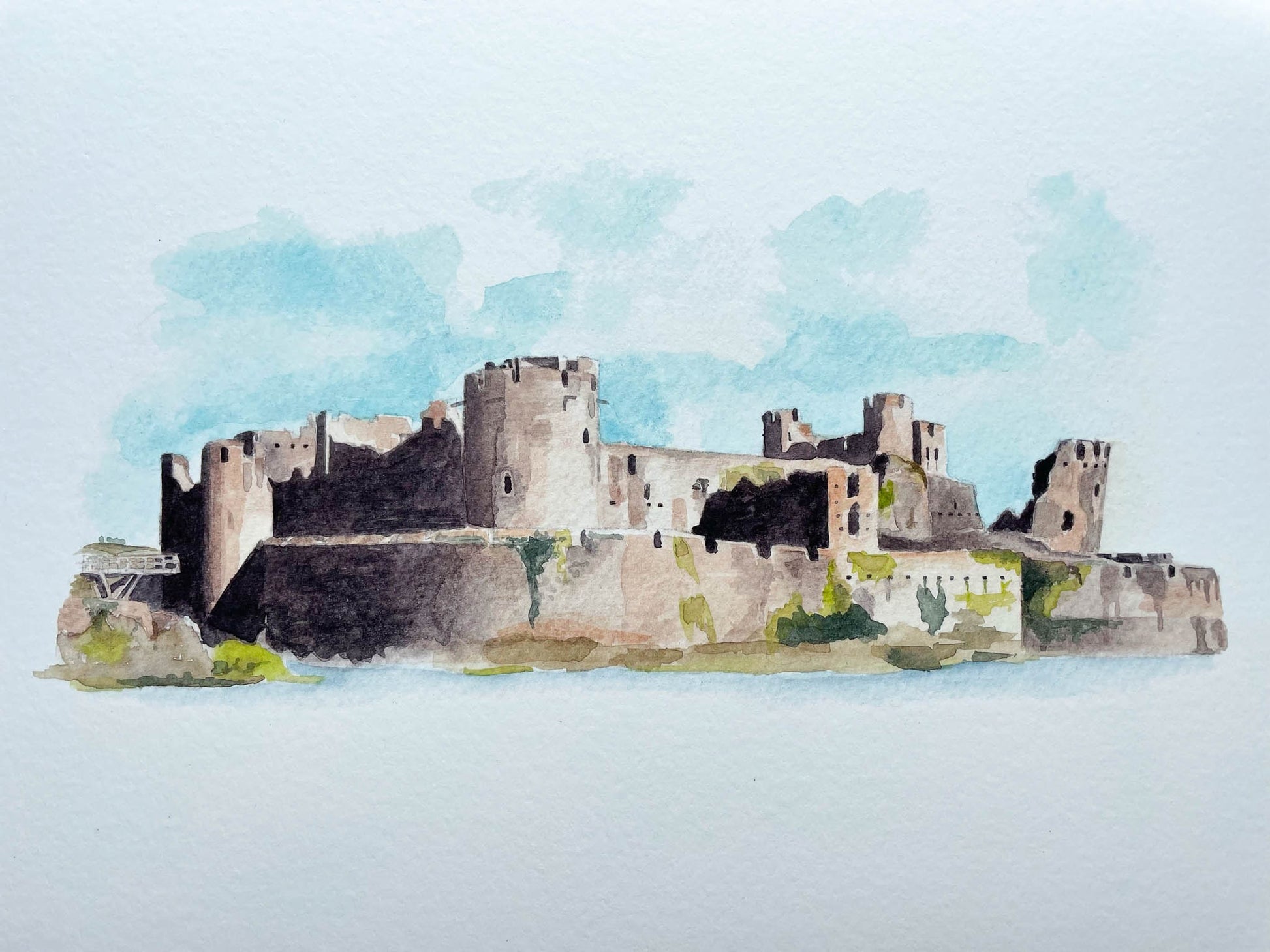 A watercolour print of Caerphilly castle with strong shadows
