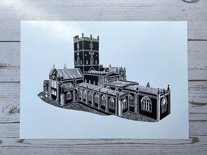 A lino print of St Davids Cathedral in Pembrokeshire in black on A4 white paper