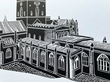 A lino print of St Davids Cathedral in Pembrokeshire in black on A4 white paper