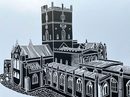 A lino print of St Davids Cathedral in Pembrokeshire in black on A4 white paper