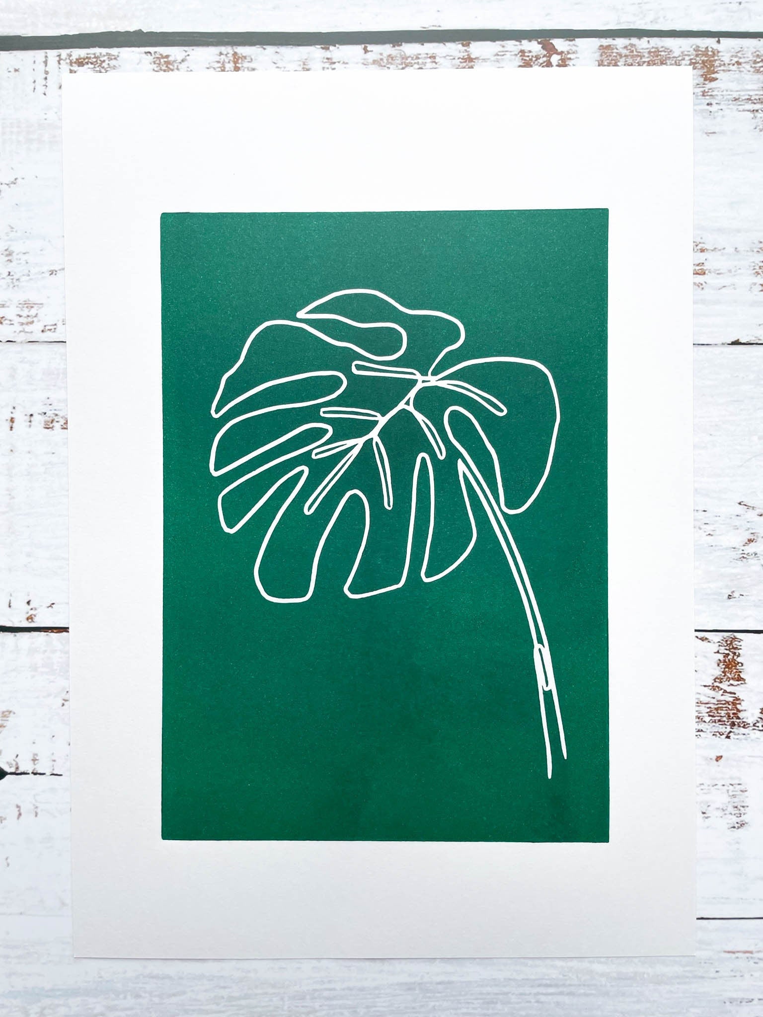 A continuous line lino print of a monstera plant leaf on a green background