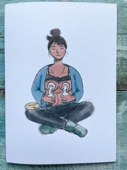 An A6 sketchy illustrated card of a new mum expressing milk