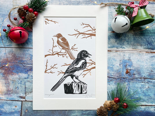 Magpies A4 lino print