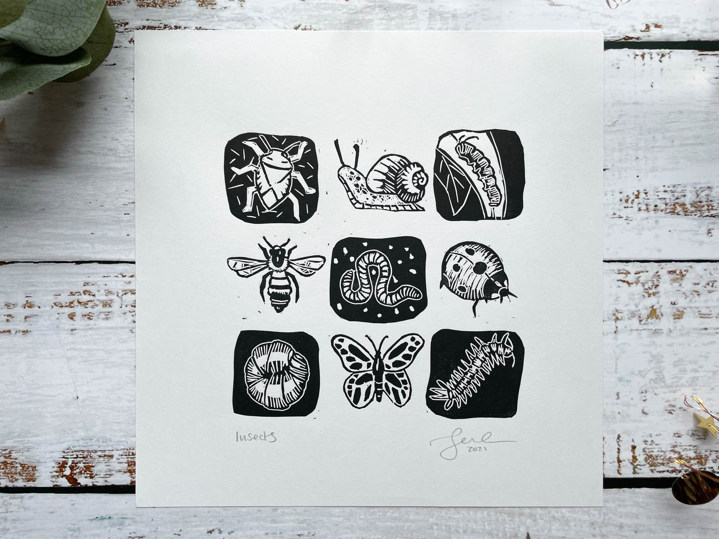 A lino print of a 3 x 3 grid of mini-beasts in black