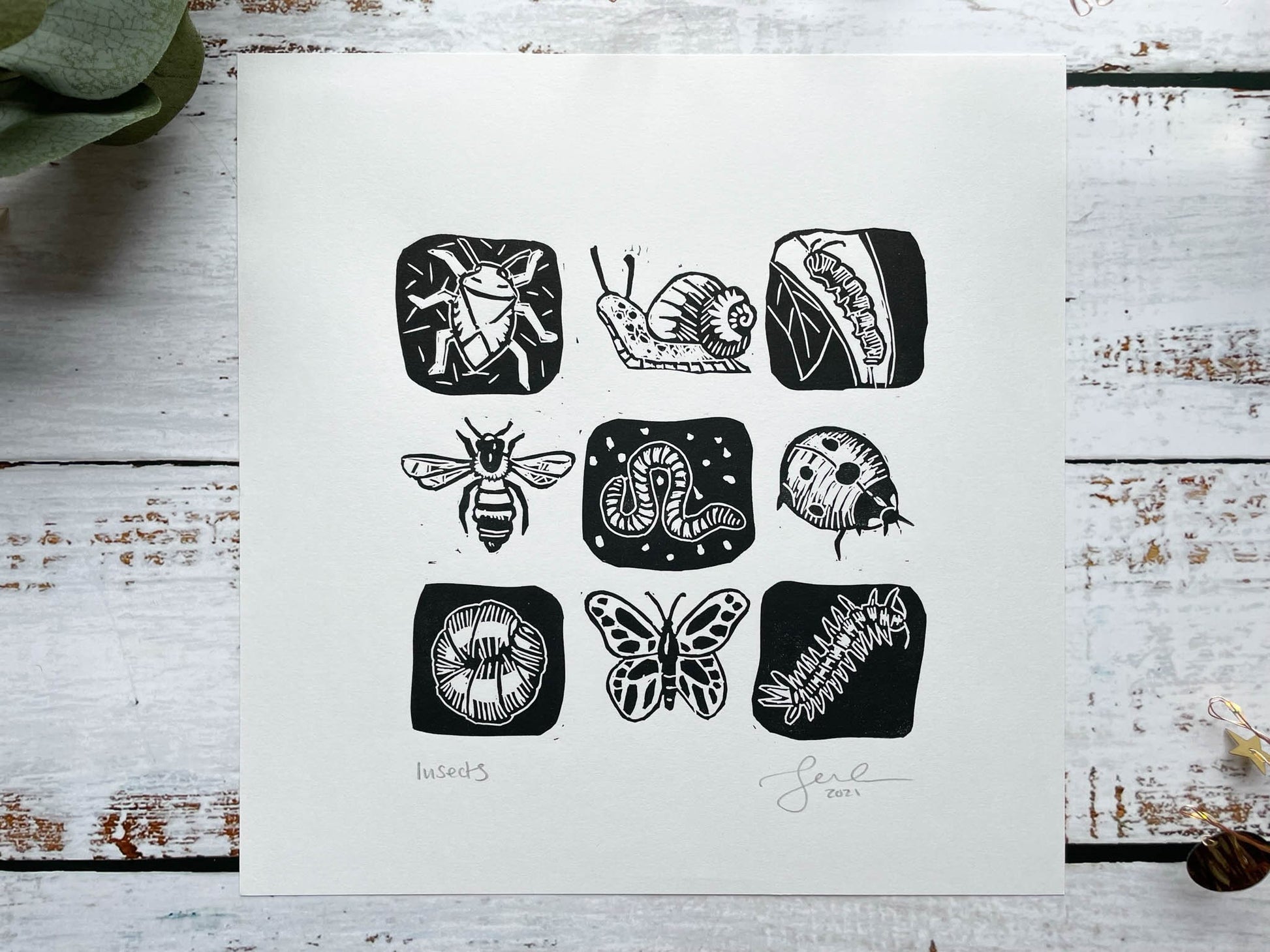 A lino print of a 3 x 3 grid of mini-beasts in black