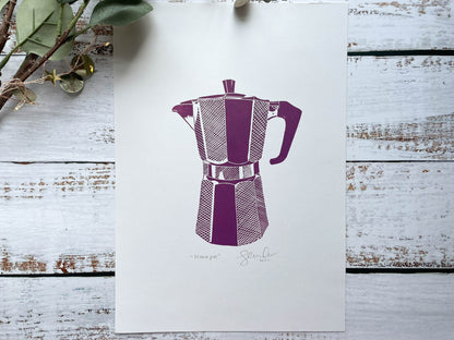 A lino print of a coffee moka pot in purple