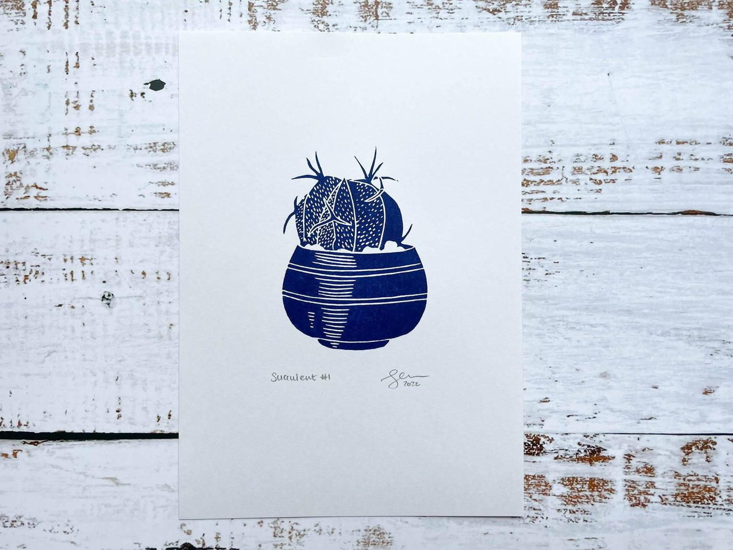 A small blue lino print of a little potted succulent