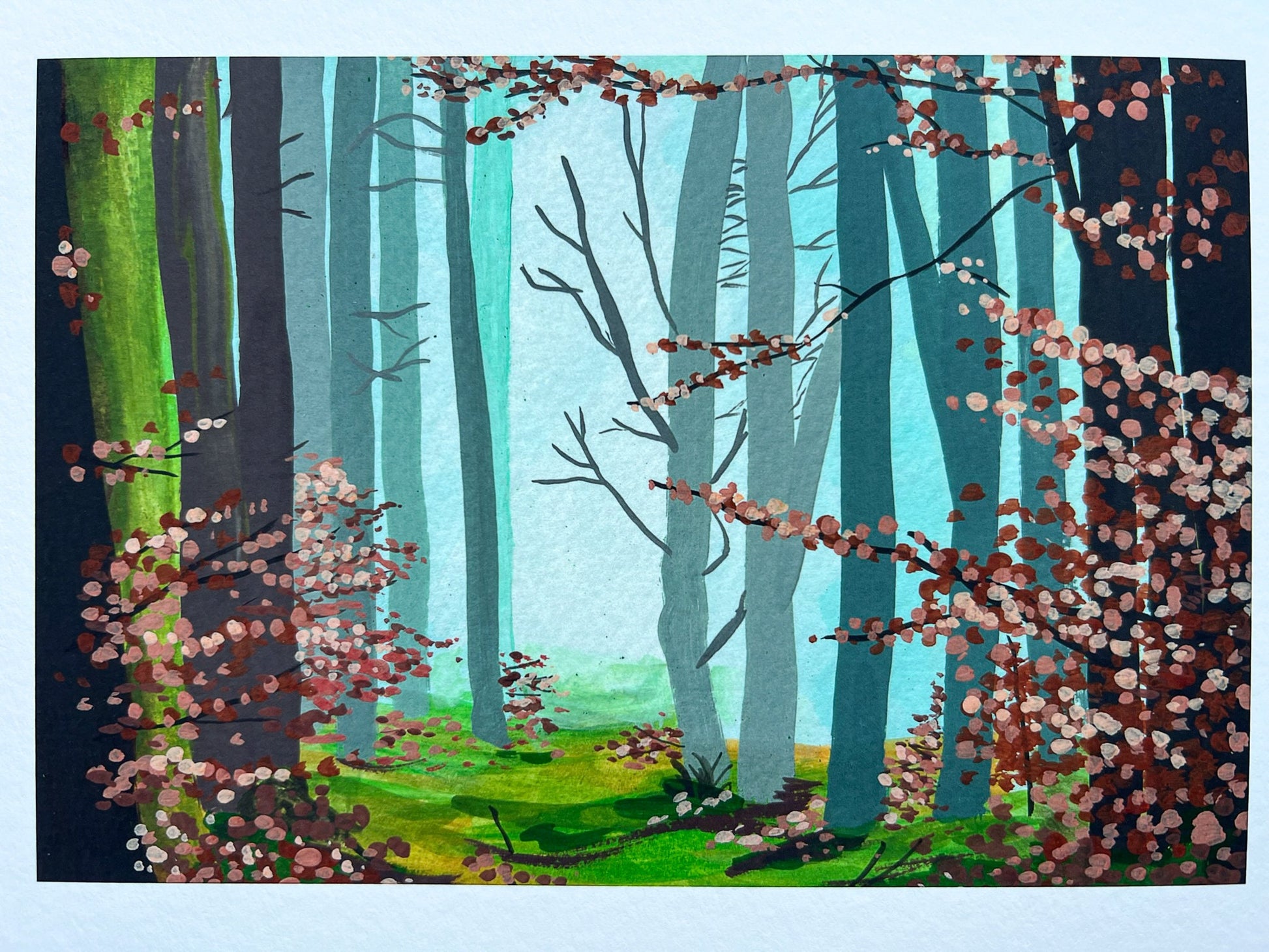A giclee print of a gouache painting of a misty walk in the woods during autumn