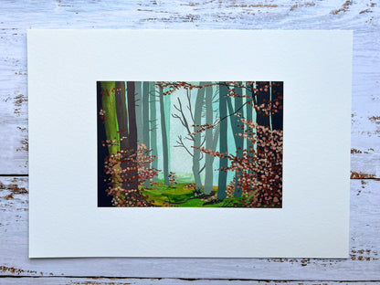 A giclee print of a gouache painting of a misty walk in the woods during autumn