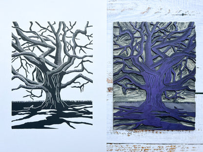 A lino print of a gnarly oak tree with dramatic shadows next to the original carved lino block