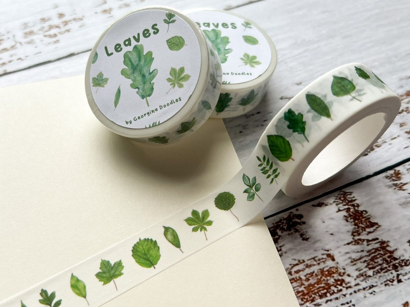 A close up of washi tape with watercolour green leaves all over