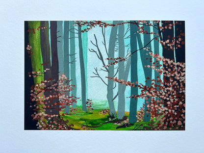 A giclee print of a gouache painting of a misty walk in the woods during autumn