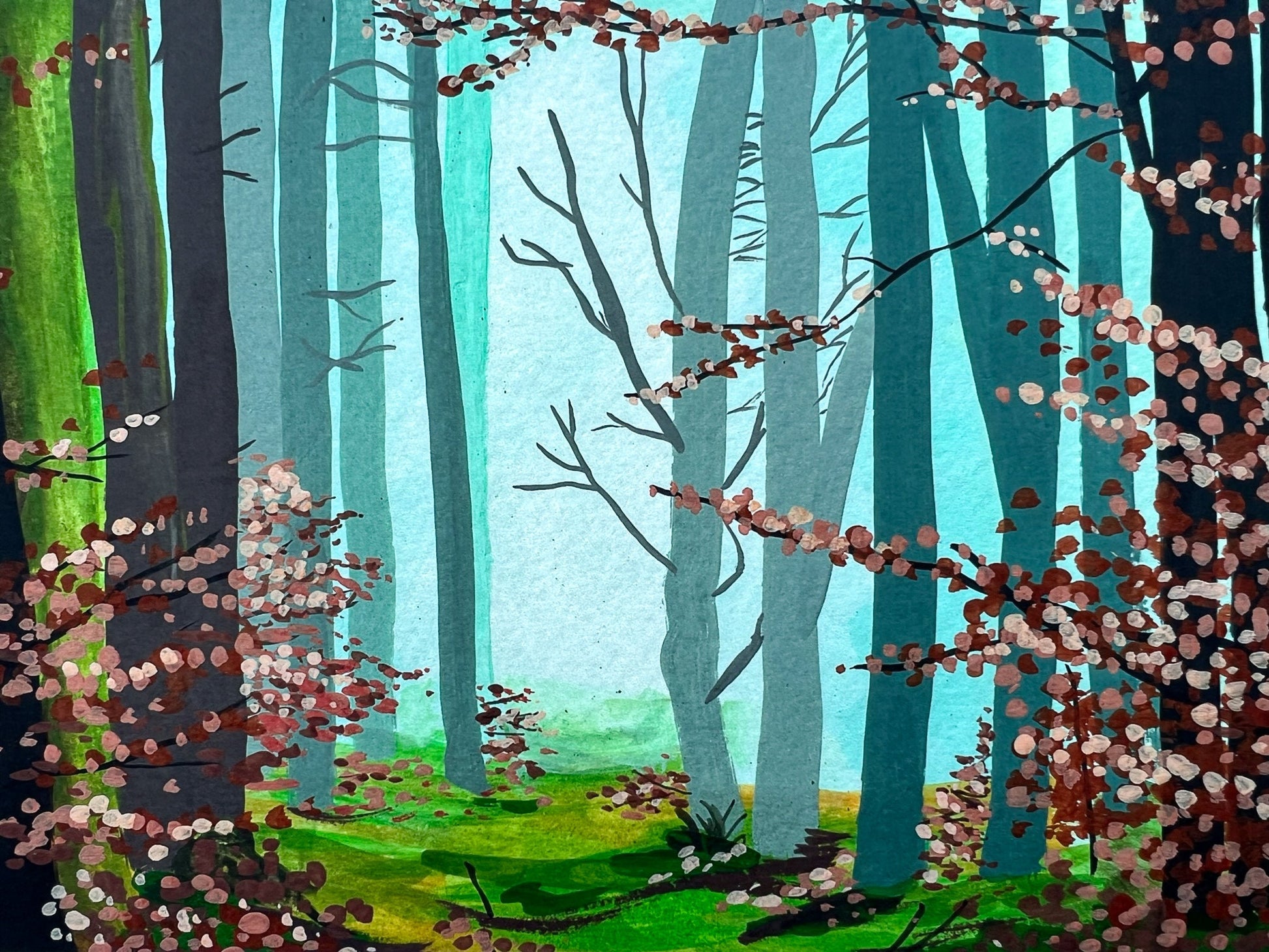 A giclee print of a gouache painting of a misty walk in the woods during autumn