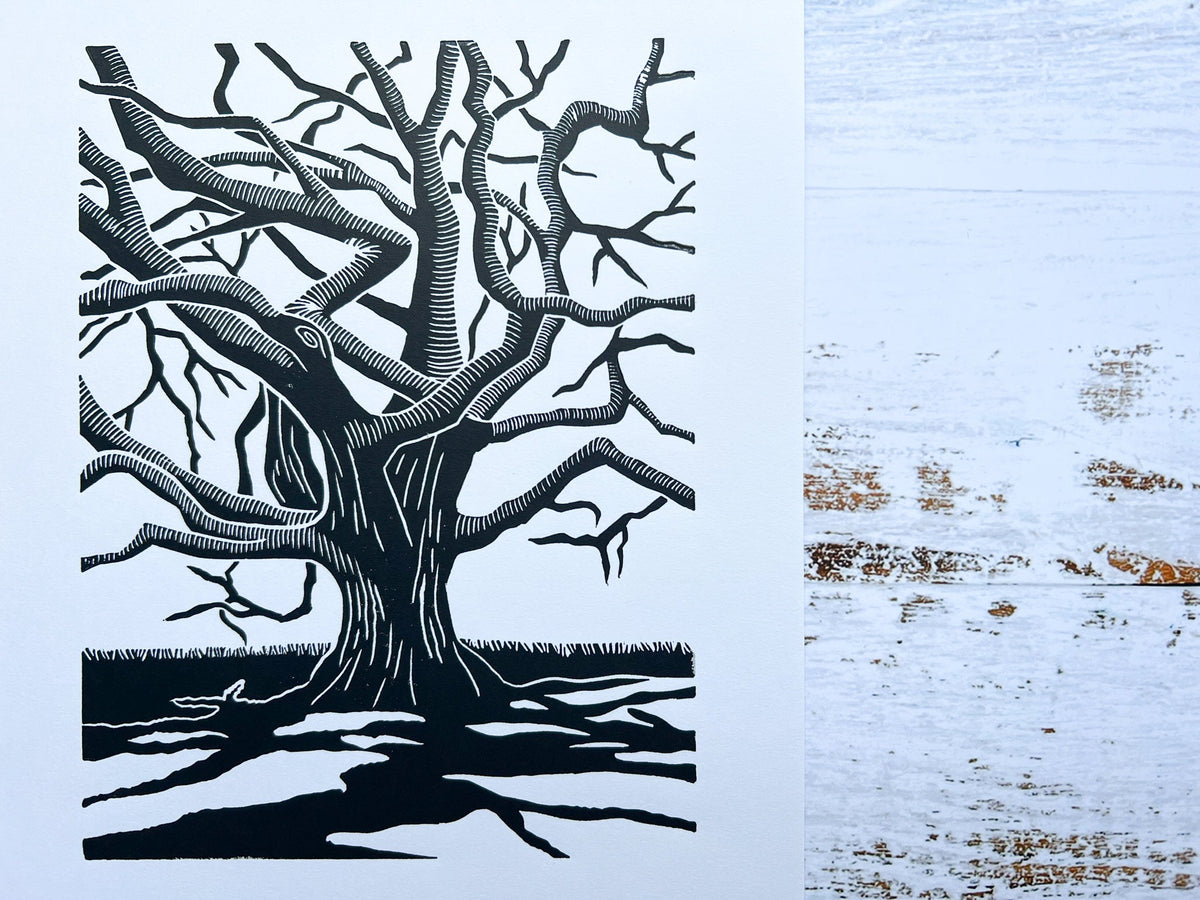 Lineoprinted Tree Gnarly giant oak tree A4 lino print – GeorginaDoodles