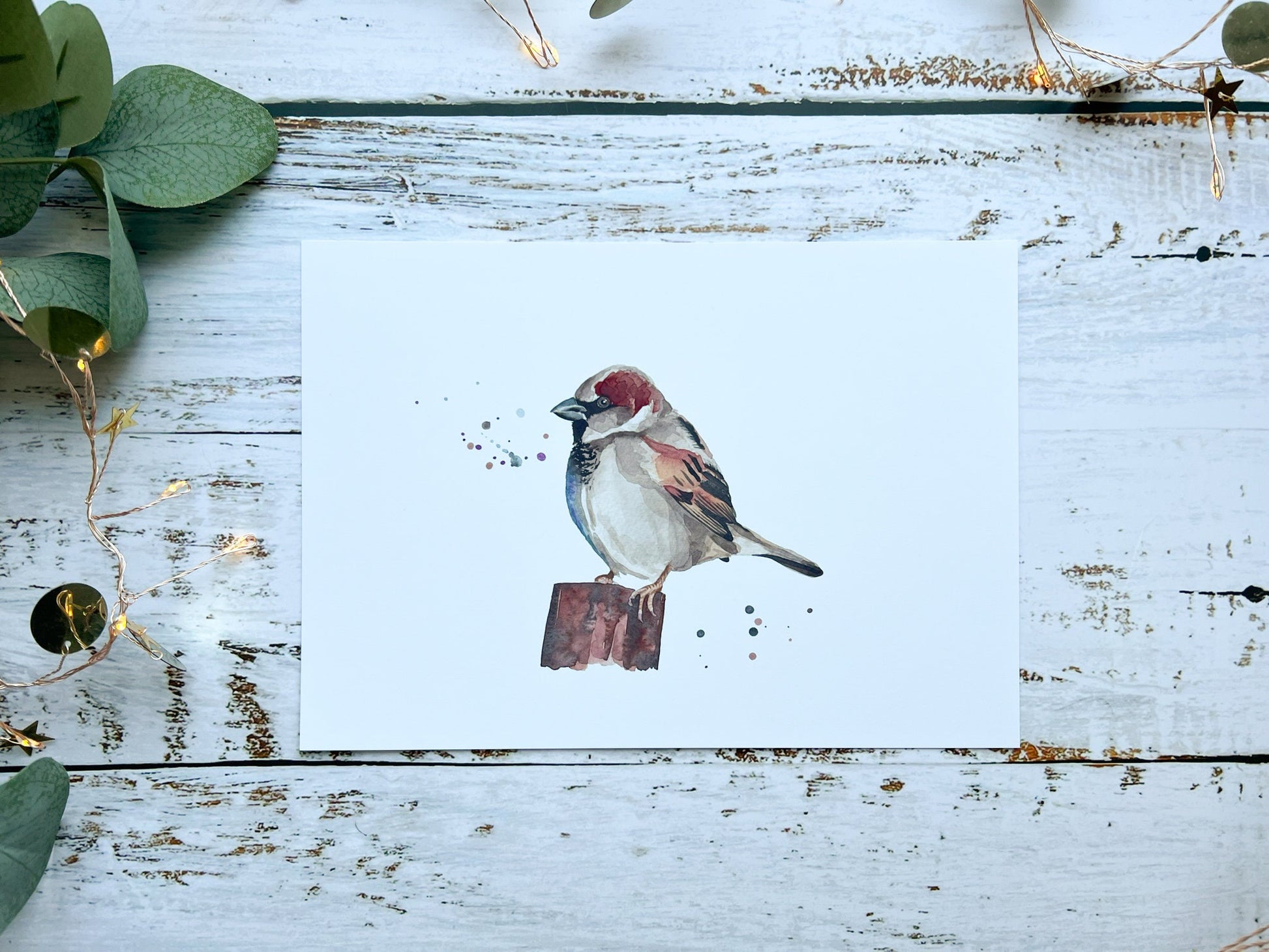A watercolour print of a house sparrow on a post with splashes of watercolour around it